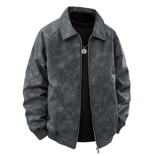 Herren Veloursleder‑Optik Zipjacke im Retro‑Blouson‑Stil mit Kentkragen und elastischem Saum Drune