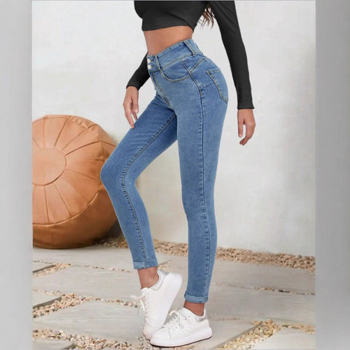 Damen Hochgeschnittene Sculpting-Skinny-Jeans mit Doppelknopf und Umschlag-Detail Drune