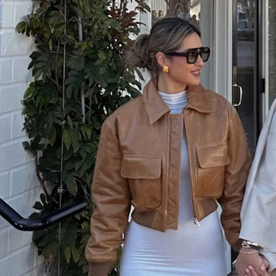 Damen Kurze Lederoptik-Blousonjacke mit großen Pattentaschen und geripptem Bund Drune