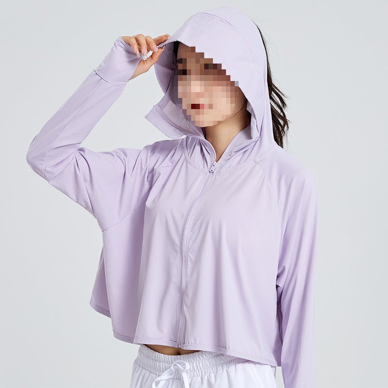 Damen Leichte Sportliche UV-Schutz-Kapuzenjacke mit kurzem Cropped‑Schnitt, Raglanärmeln & Daumenlöchern Drune