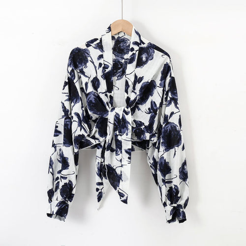 Damen nan florale Knoten-Bluse im Wickelstil mit Ballonärmeln und leichter Leinenoptik Drune