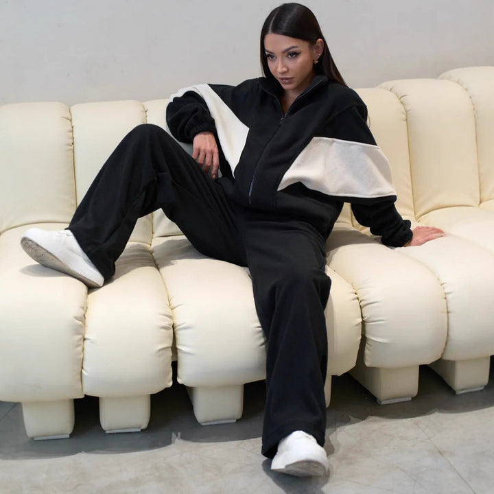 Damen oversized Reißverschluss-Fleecejacke mit Paneel-Details und weiter High-Waist-Loungehose Drune