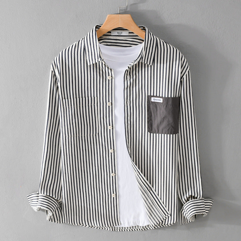 Herren Gestreiftes Langarm-Overshirt aus Baumwollmix mit kontrastierter Brusttasche Drune