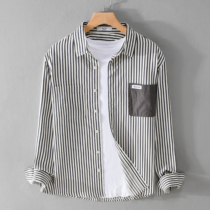 Herren Gestreiftes Langarm-Overshirt aus Baumwollmix mit kontrastierter Brusttasche Drune