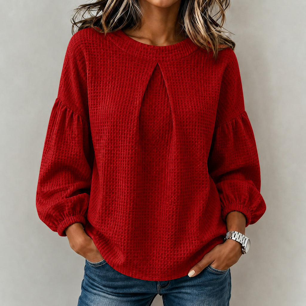 Damen Waffelstrick-Longsleeve mit Balloonärmeln und Vordernaht-Schlitz Drune