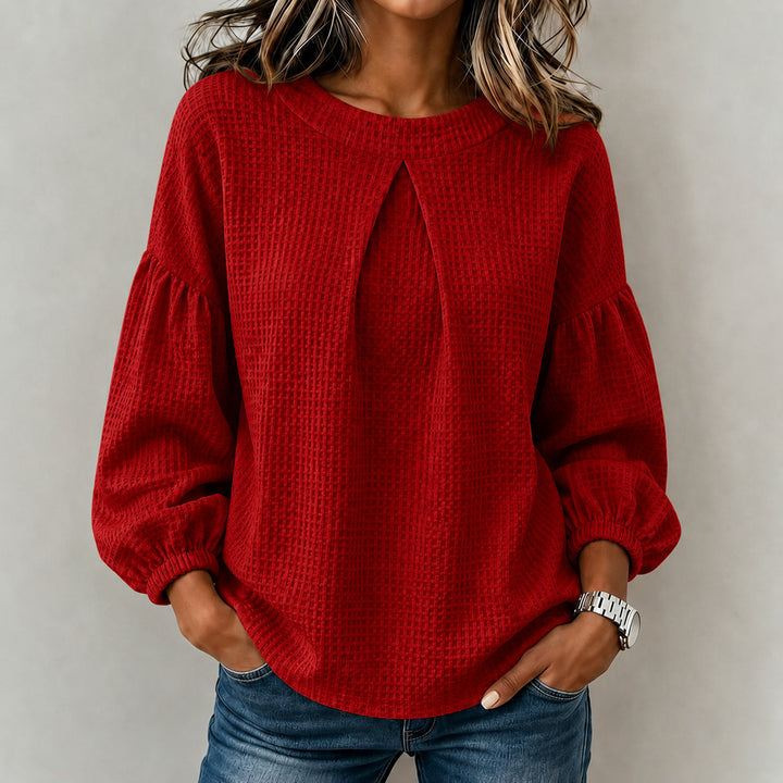 Damen Waffelstrick-Longsleeve mit Balloonärmeln und Vordernaht-Schlitz Drune