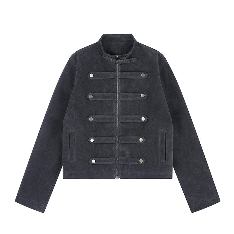Damen Kurzjacke aus Veloursleder im militärischen Stil mit Stehkragen und Zierriegeln Drune