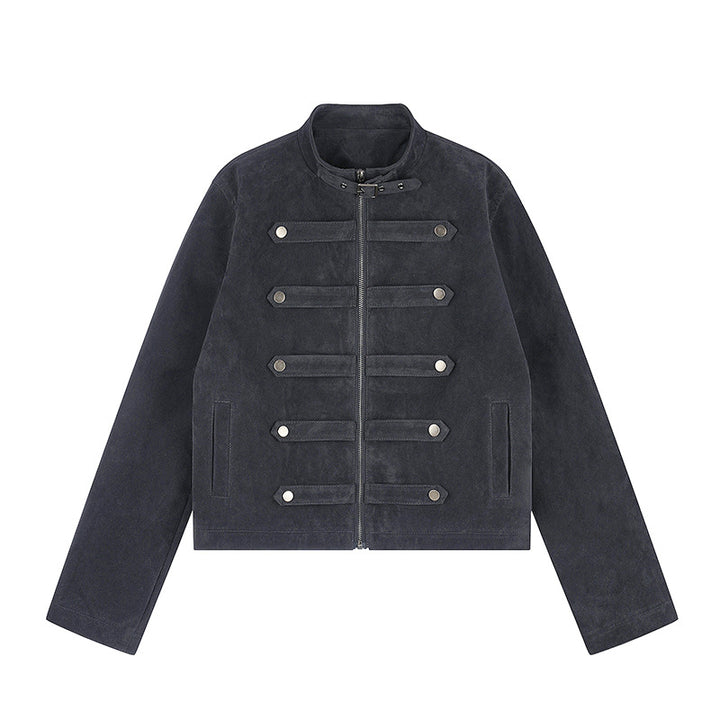 Damen Kurzjacke aus Veloursleder im militärischen Stil mit Stehkragen und Zierriegeln Drune