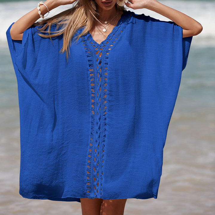 Damen eleganter Strandponcho mit raffinierten Häkelakzenten und tiefem V-Ausschnitt Drune