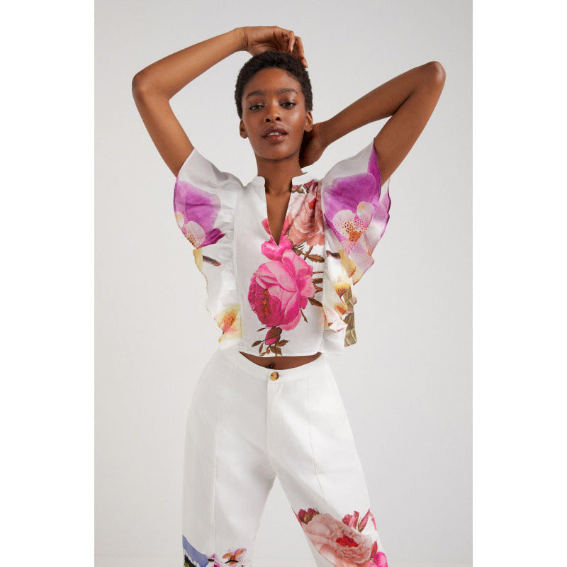 Damen Blusen- und Hosen-Set mit floralem Design und zarten Rüschendetails Drune