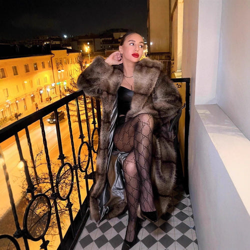 Damen Luxuriöser Oversize-Kunstpelzmantel mit Kapuze und satiniertem Futter Drune