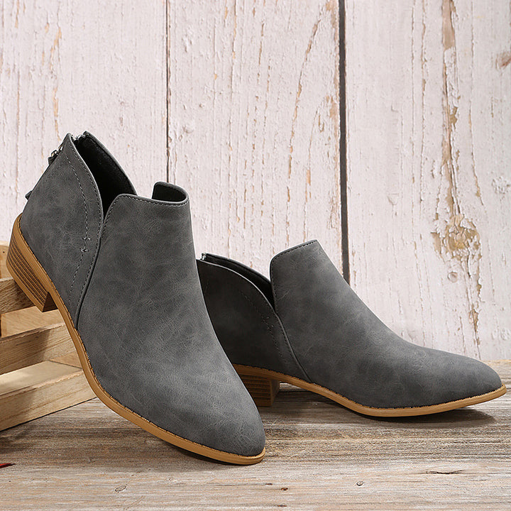 Damen nan spitze Ankleboots mit niedrigem Holzblockabsatz, V‑Cut Seitenöffnung und rückseitigem Reißverschluss Drune