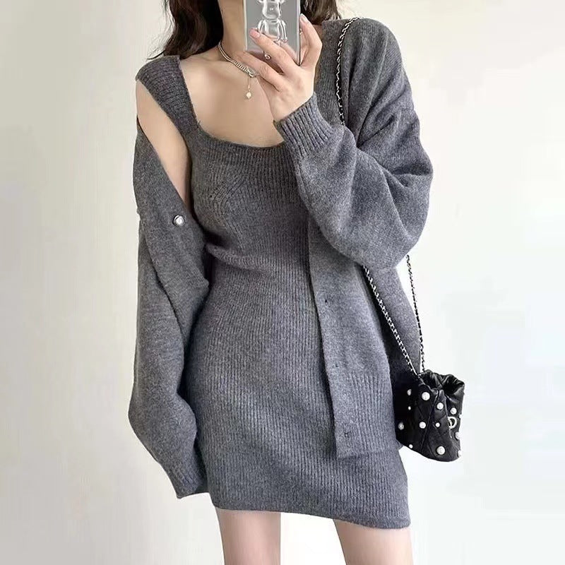 Damen Langstrickkleid mit tiefem V-Ausschnitt und lässiger Knopfleiste Drune