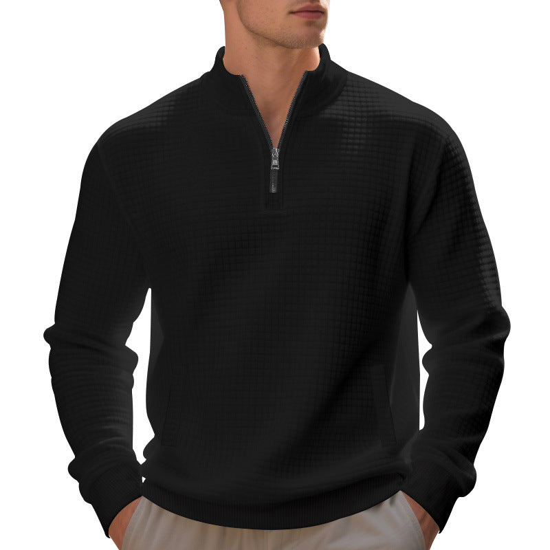 Herren Waffelstrick-Halbzip-Pullover mit Stehkragen, Kängurutasche & gerippten Abschlüssen Drune
