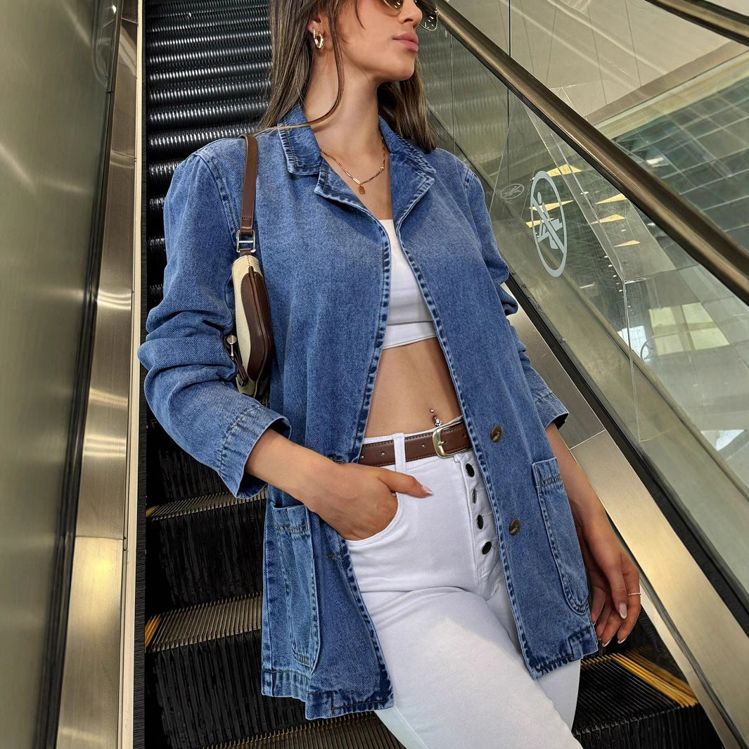 Damen Longline-Denimjacke mit lässigem Oversize-Schnitt und aufgesetzten Taschen Drune