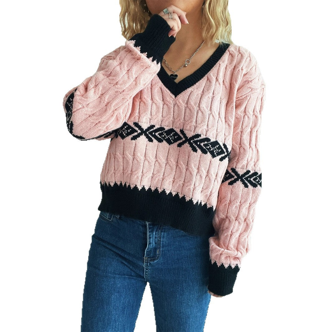 Damen lässiger Strickpullover mit modernem Zopfmuster und kontrastierenden Akzenten Drune