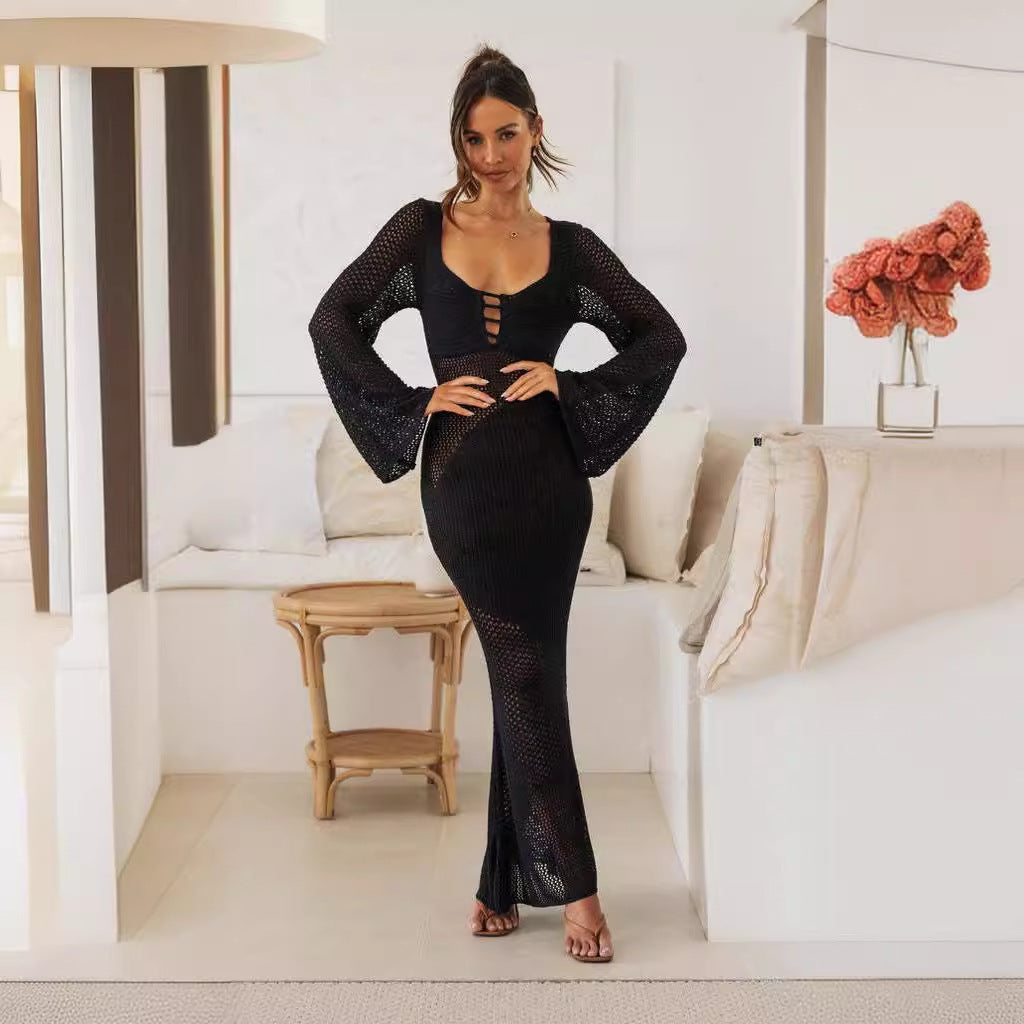 Damen langes Häkelkleid mit V-Ausschnitt und dekorativen Cut-Outs Drune