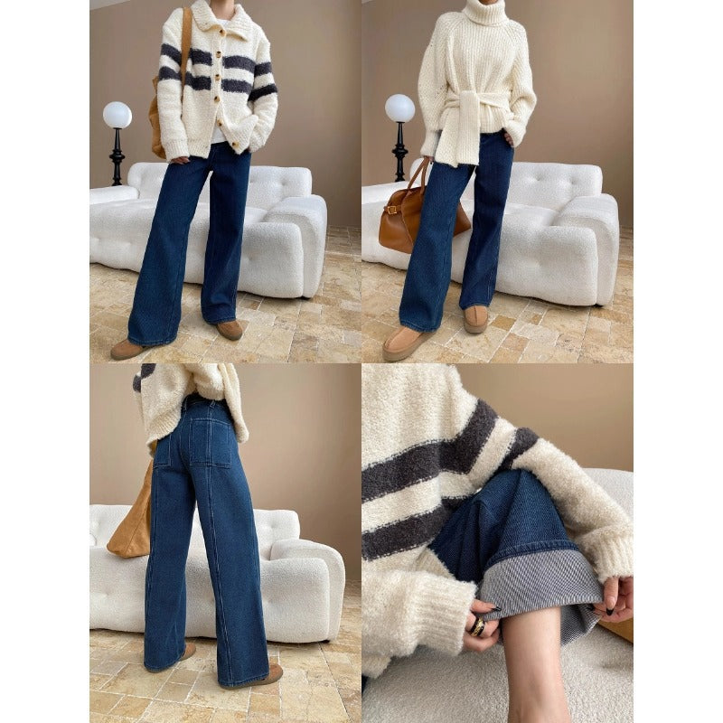 Damen kuschelige Strickjacke im modernen Streifenlook mit Knopfdetail Drune