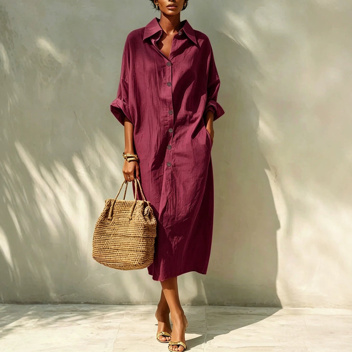 Damen Langes Oversize-Hemdblusenkleid mit Kentkragen und durchgehender Knopfleiste Drune