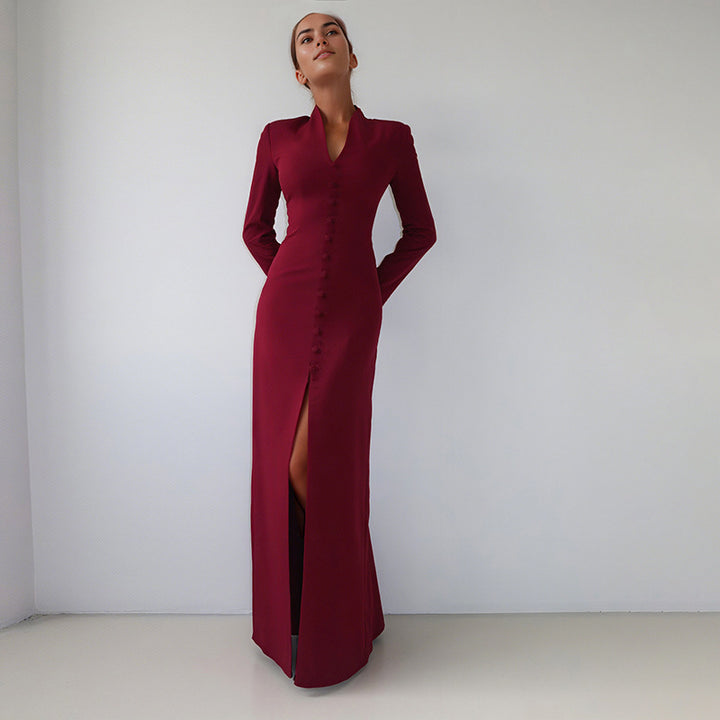 Damen Elegantes Maxikleid mit tailliertem Schnitt und Knopfleiste Drune