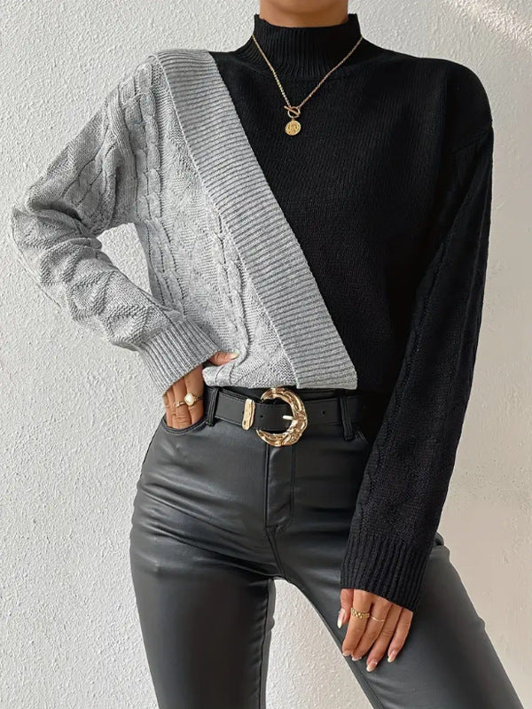 Damen Strickpullover mit asymmetrischem Zopfmuster und hohem Kragen Drune