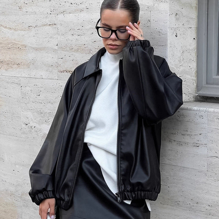 Damen modische Kunstlederjacke im lässigen Oversized-Schnitt Drune