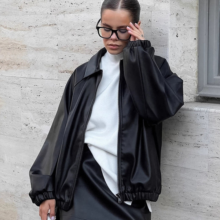 Damen modische Kunstlederjacke im lässigen Oversized-Schnitt Drune