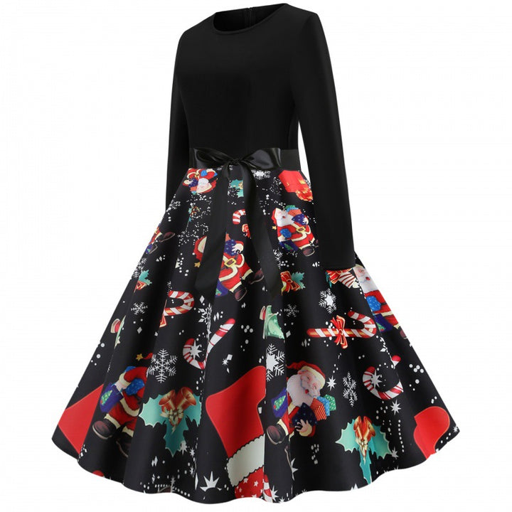 Damen Weihnachtliches Vintage-Swingkleid mit Santa- und Zuckerstangen-Print, tailliertem Oberteil und Satinschleife Drune