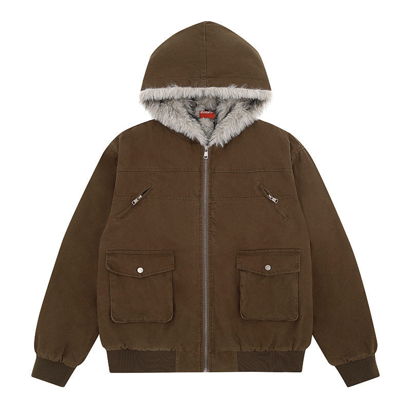 Damen wattierte Kapuzenjacke mit kunstfellfutter, Cargo‑Taschen und elastischen Bündchen Drune