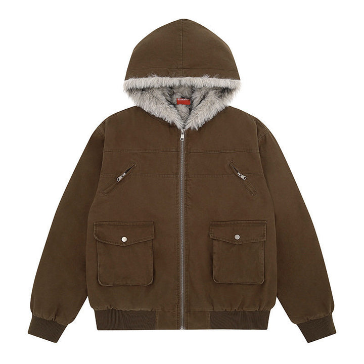Damen wattierte Kapuzenjacke mit kunstfellfutter, Cargo‑Taschen und elastischen Bündchen Drune