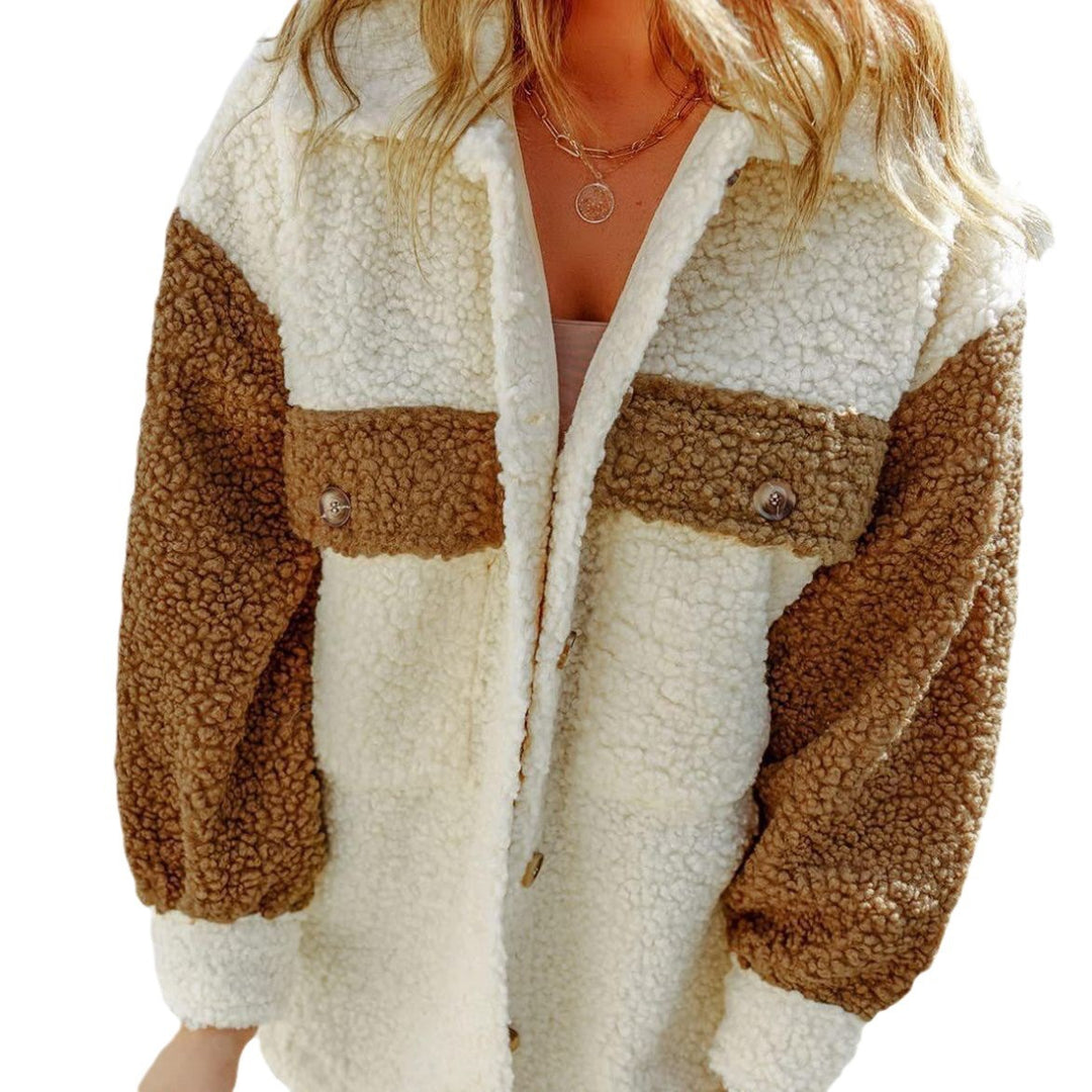 Damen nan oversized Teddy-Hemdjacke mit Kontraststreifen, aufgesetzten Brusttaschen und sichtbarer Knopfleiste Drune