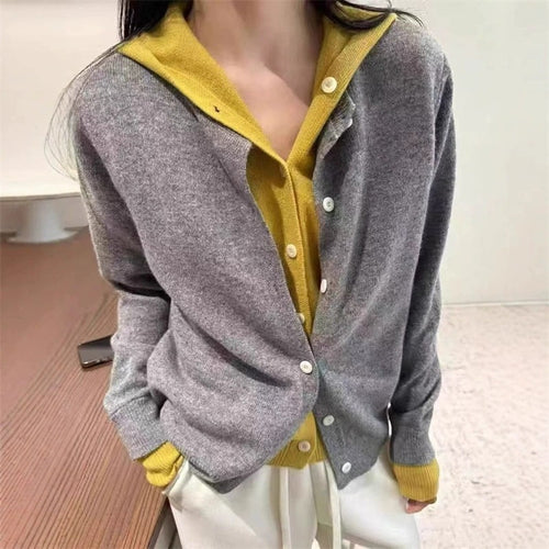 Damen Kuschelige Strickjacke mit kontrastierendem V-Ausschnitt und Knopfdetails Drune