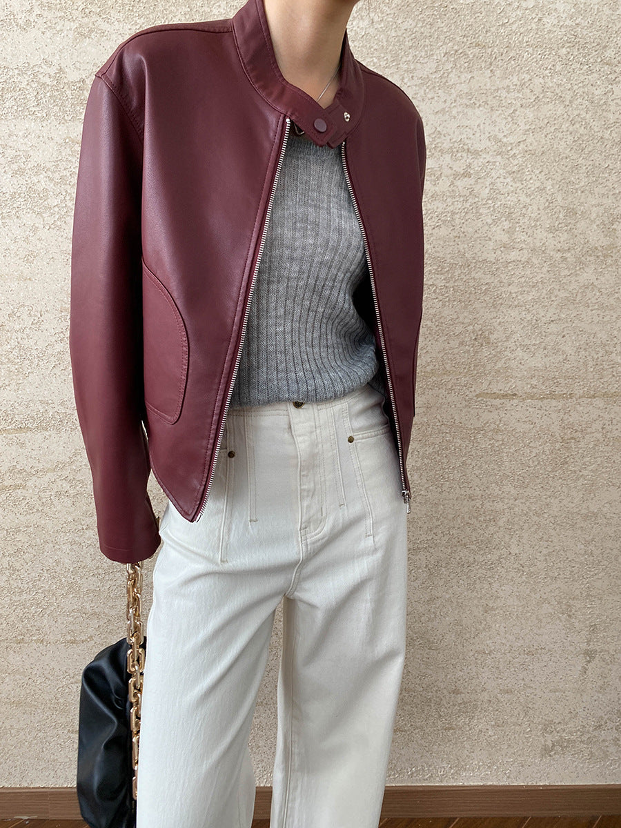 Damen Kunstlederjacke mit modernem Stehkragen und praktischen Taschen Drune