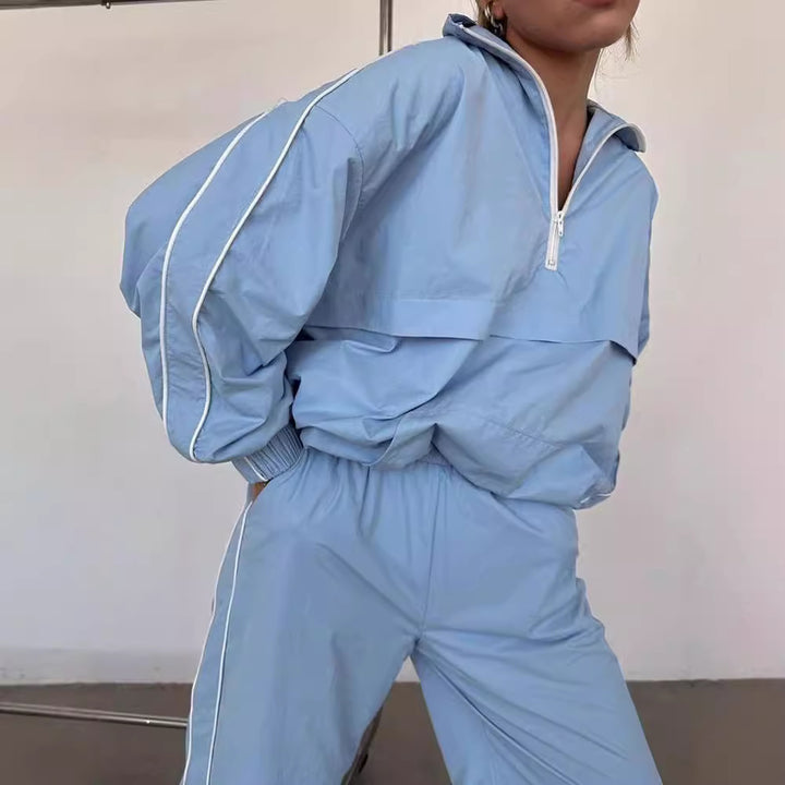 Damen Zweiteiliges Sportliches Jogging-Set mit halbem Reißverschluss, Paspelierung und elastischer Bundhose Drune
