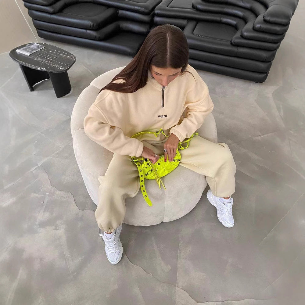 Damen Fleece-Halbzip-Sweatshirt oversized mit Stehkragen, Kängurutasche-Optik und elastischen Bündchen Drune