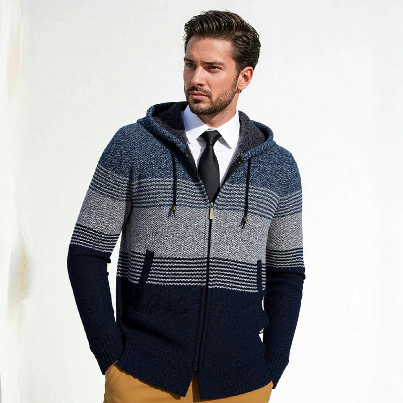Herren Kapuzen-Strickzipjacke mit farbverlaufendem Blockstreifenmuster und thermischer Struktur Drune