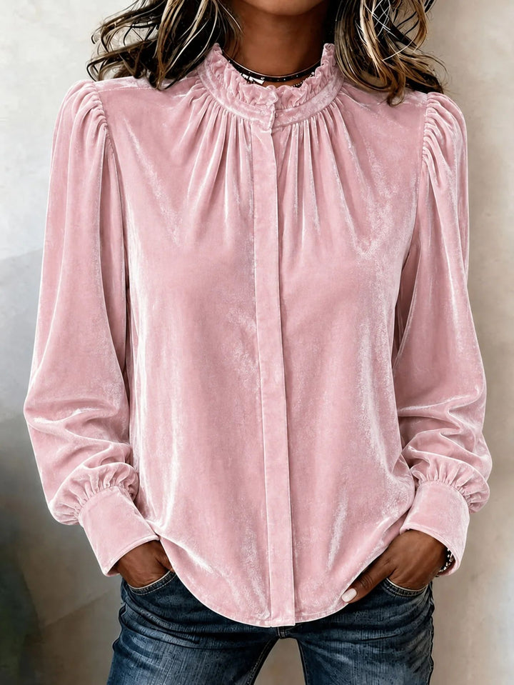 Damen Samtbluse mit Rüschen-Stehkragen, verdeckter Knopfleiste und gerafften Ballonärmeln Drune