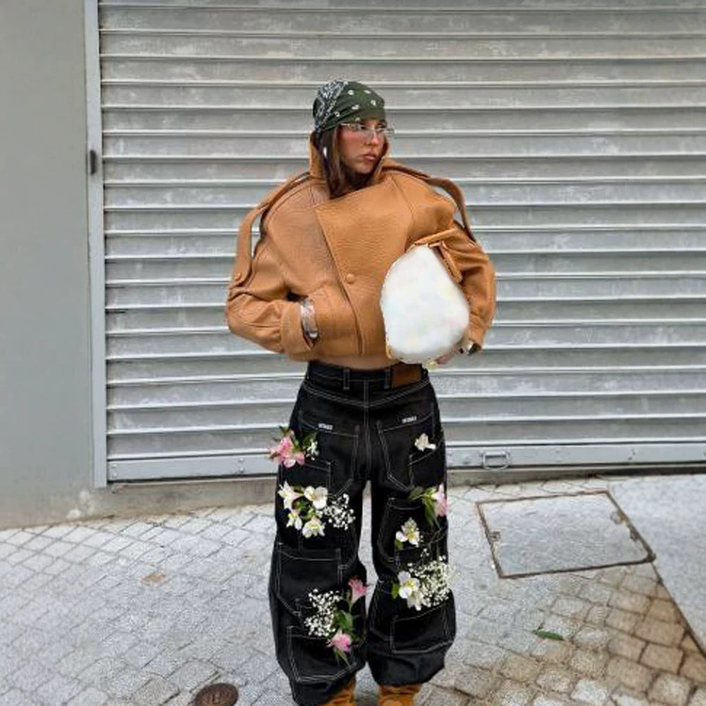 Damen Cropped Oversize-Jacke aus strukturiertem Kunstleder mit hohem Stehkragen Drune