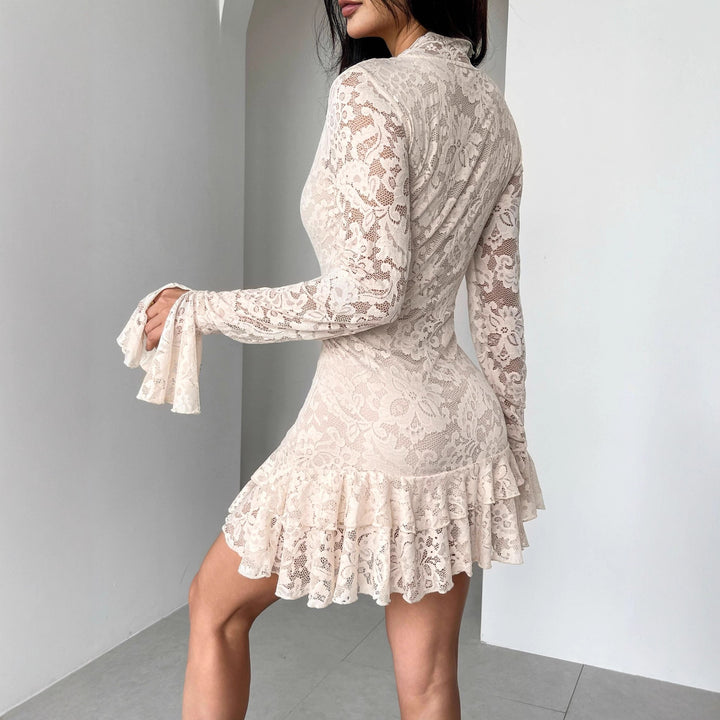 Damen nan tailliertes Spitzen-Minikleid mit tiefem V-Ausschnitt, Trompetenärmeln und Stufenvolant Drune