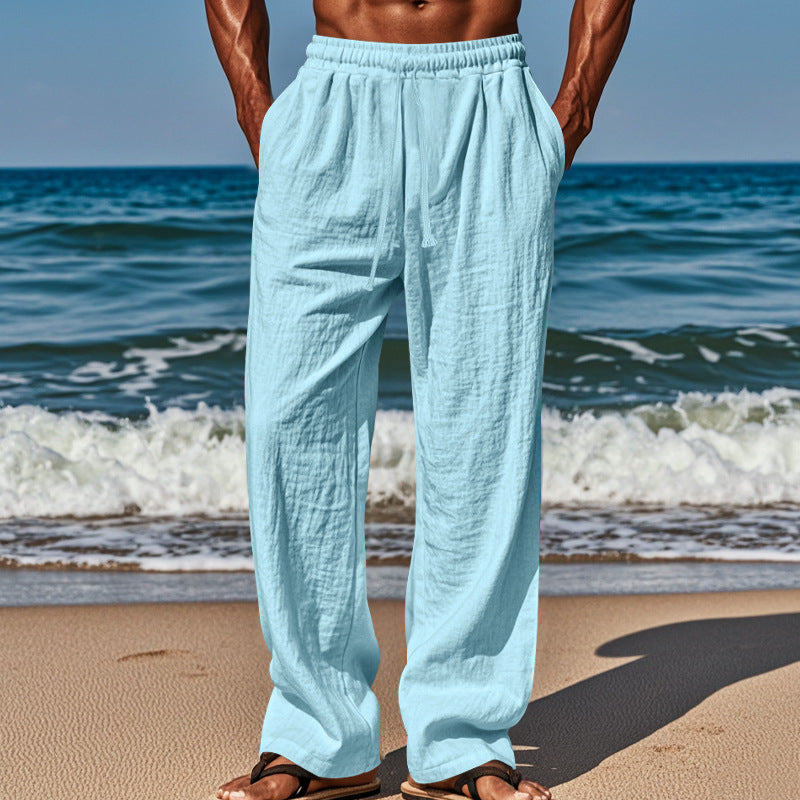 Herren Leichte Leinenhose mit weitem Schnitt, Elastikbund und Kordelzug Drune