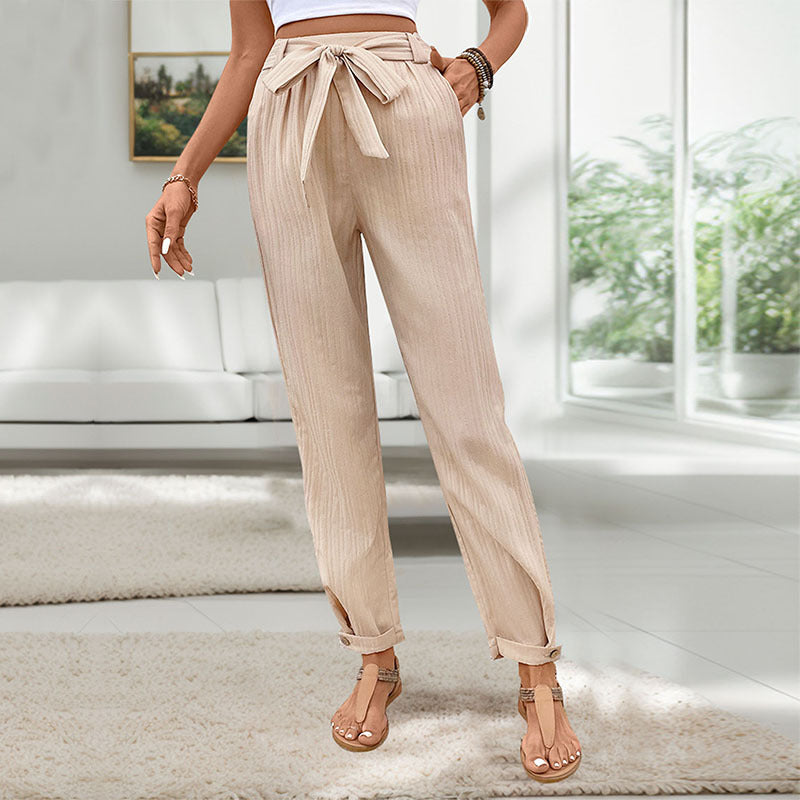 Damen Leichte Paperbag-Hose mit Taillenschleife, geradem Bein und Krempelbund Drune