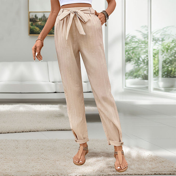 Damen Leichte Paperbag-Hose mit Taillenschleife, geradem Bein und Krempelbund Drune