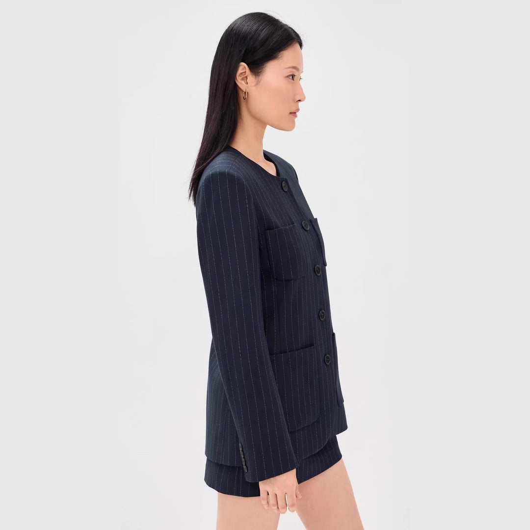 Damen Zweiteiliges Nadelstreifen-Tailoring-Set mit kragenlosem Blazer und hochgeschnittenem Minirock Drune