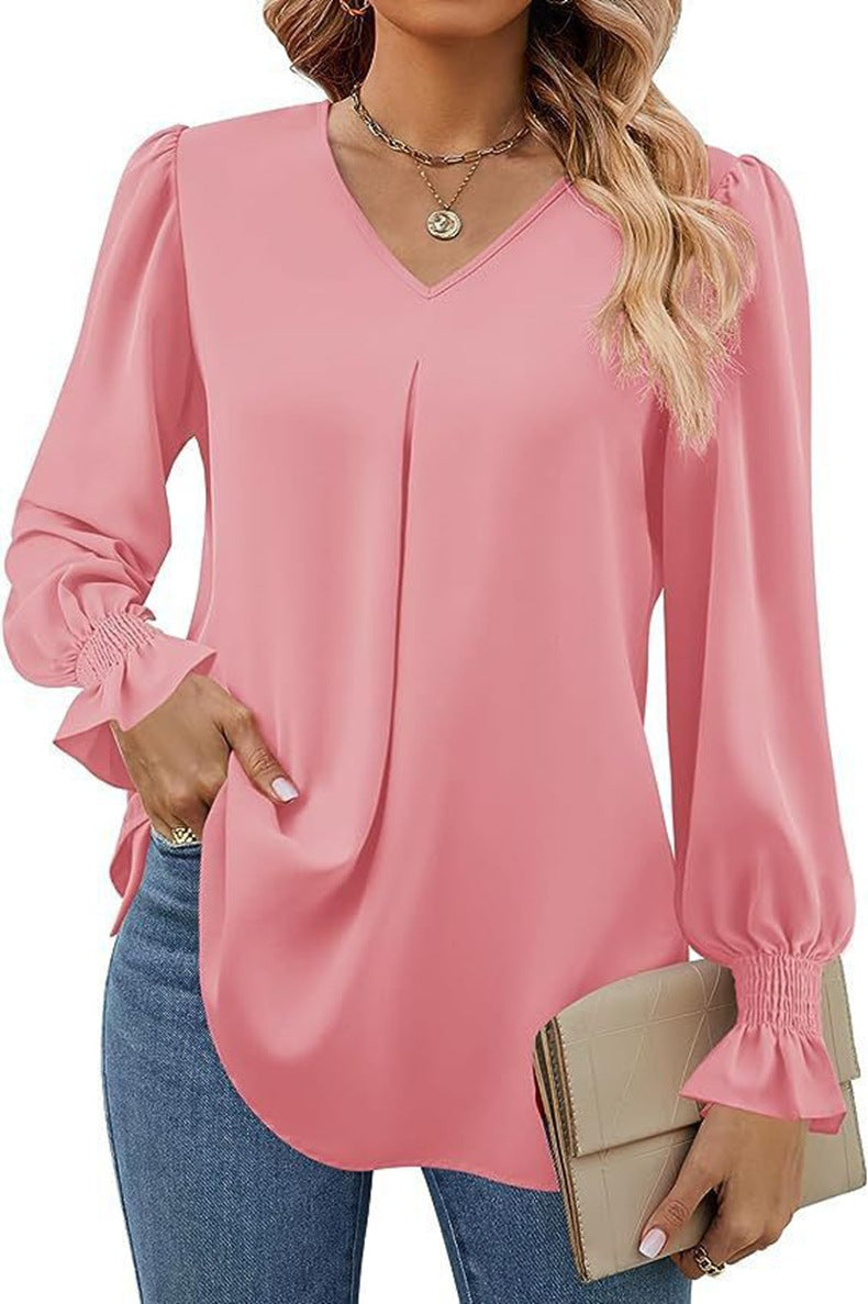 Damen fließende V-Ausschnitt Bluse mit eleganten Puffärmeln Drune