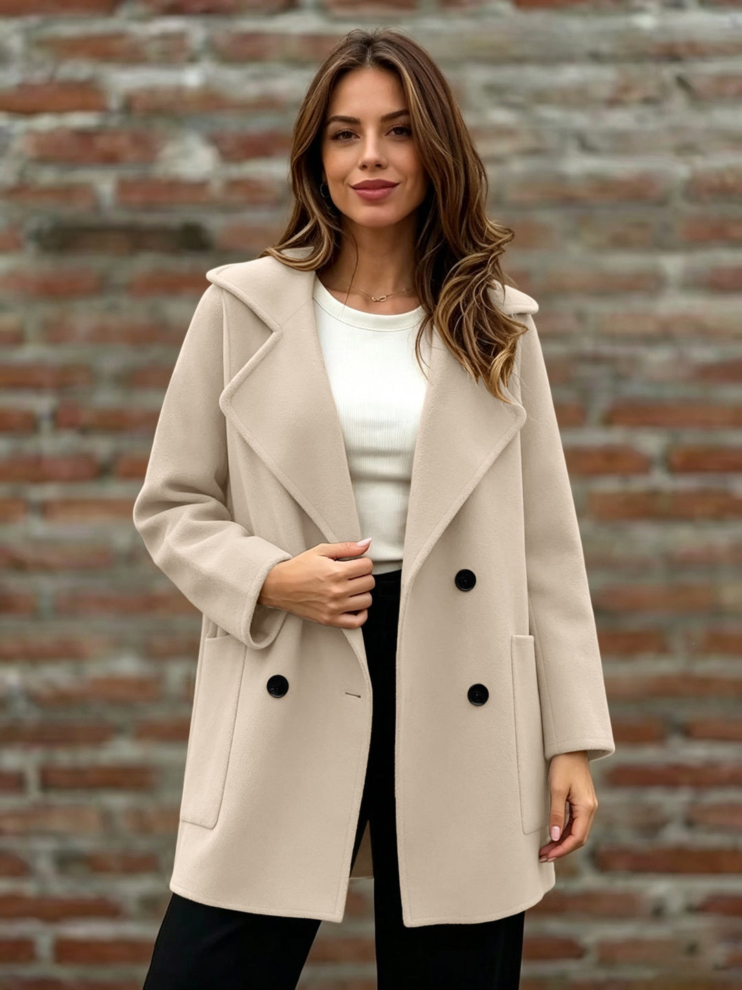 Damen Doppelreihiger Wollmantel mit Oversize-Revers Drune