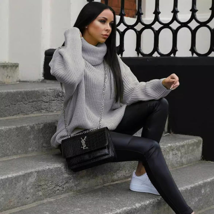 Damen Oversized Pulli mit hohem Kragen und Struktur Drune