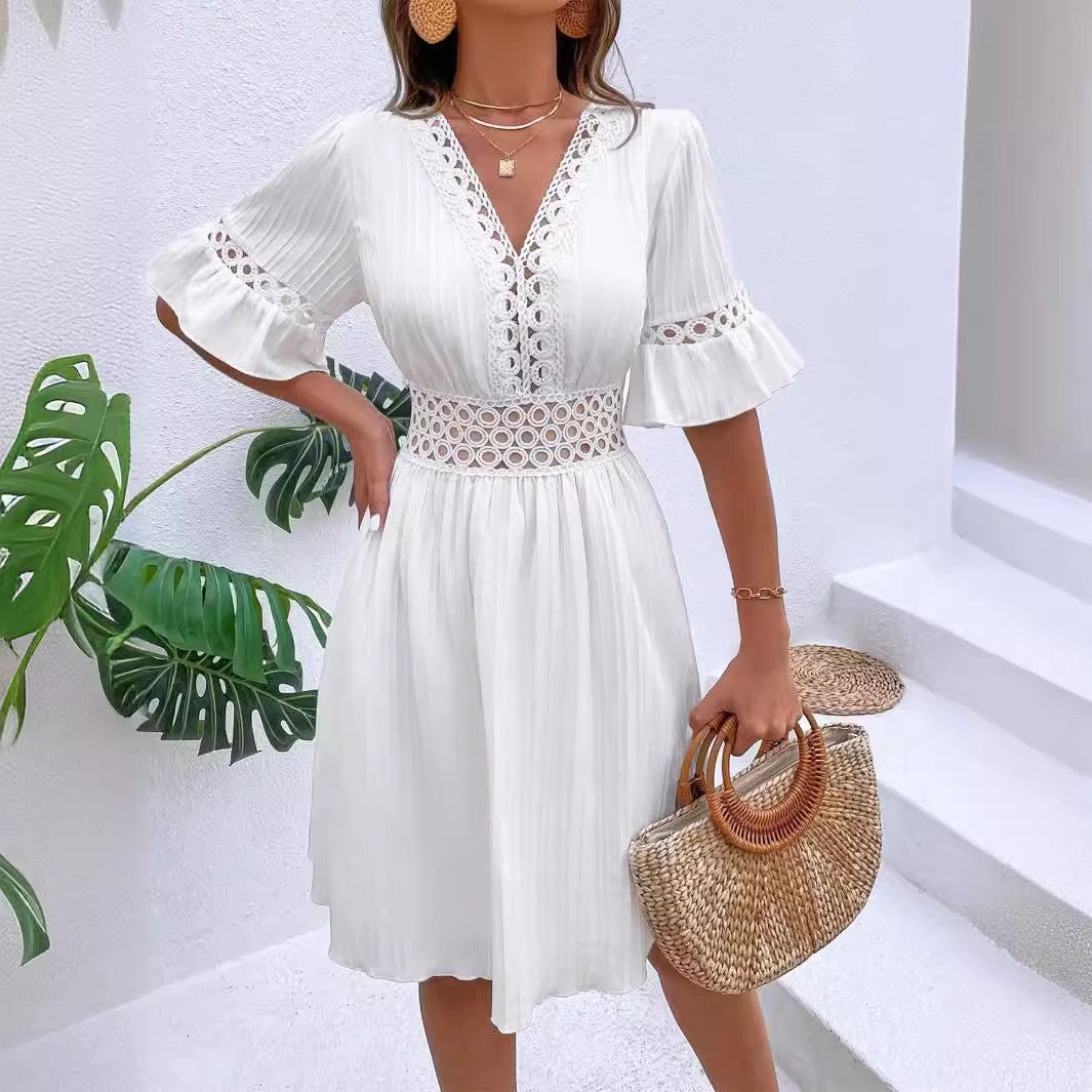Damen Midikleid mit Plissee, Spitzeneinsatz in der Taille und Volantärmeln Drune