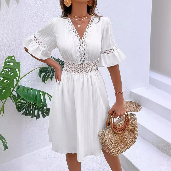 Damen Midikleid mit Plissee, Spitzeneinsatz in der Taille und Volantärmeln Drune