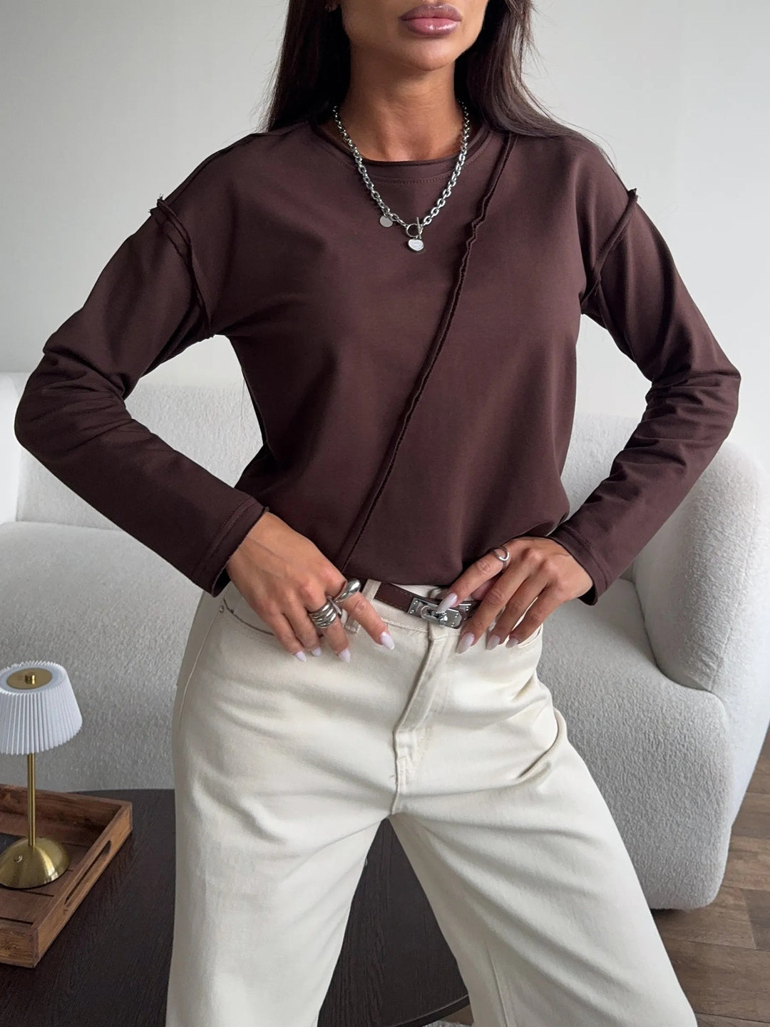 Damen Oversized Longsleeve mit schräger Naht und überschnittenen Schultern Drune