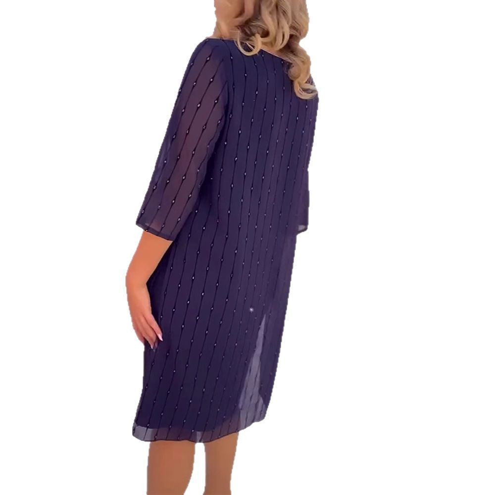 Damen nan elegantes Chiffon-Midikleid mit vertikaler Pailletten- und Perlenapplikation sowie transparenten Dreiviertelärmeln Drune